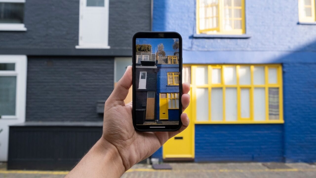 Person holding smartphone showing a picture of colorful houses in front of similar real-life colorful houses.