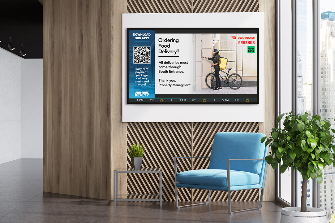 Lobby with a modern blue chair, a plant, and a large screen displaying a food delivery notice on a wooden accent wall.