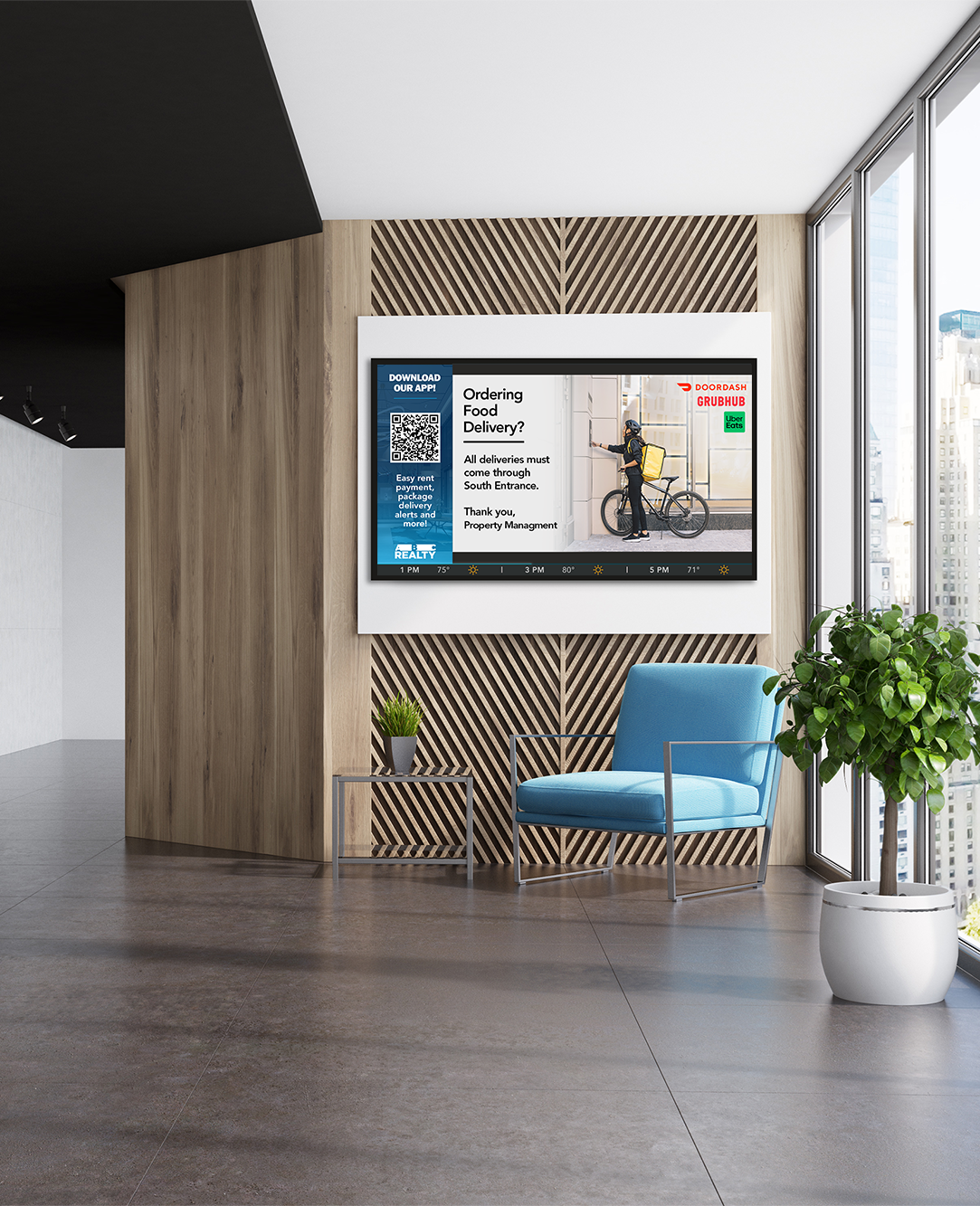 Lobby with a modern blue chair, a plant, and a large screen displaying a food delivery notice on a wooden accent wall.