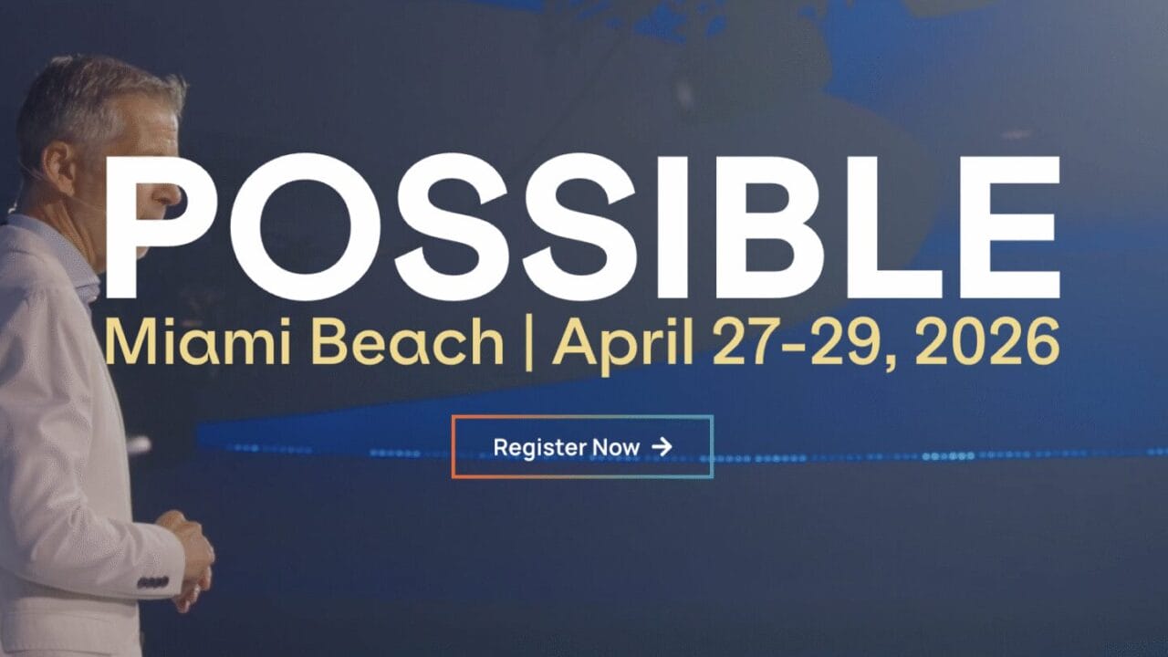 Person on stage at POSSIBLE event, Miami Beach, April 27-29, 2026, Register Now button visible.