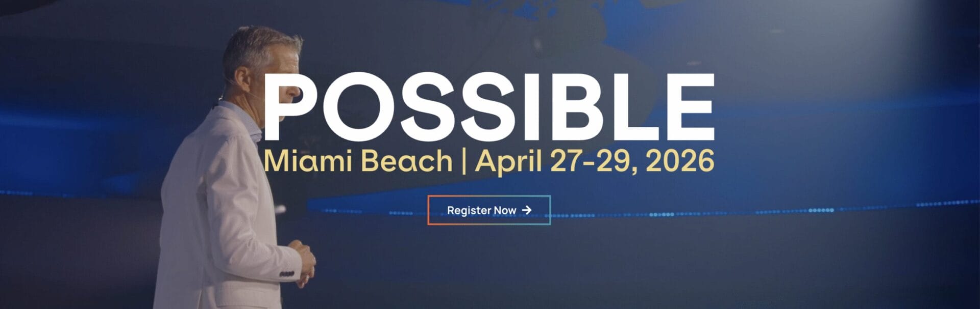 Person on stage at POSSIBLE event, Miami Beach, April 27-29, 2026, Register Now button visible.