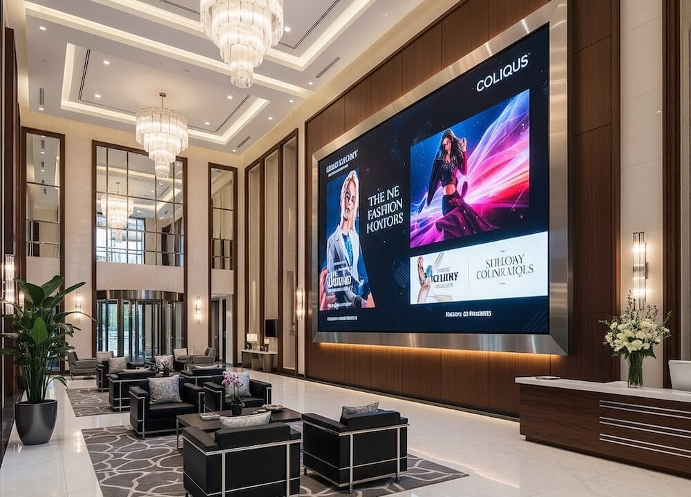 spacious hotel lobby with chandeliers, large digital screens displaying fashion and concert ads, modern seating arrangement