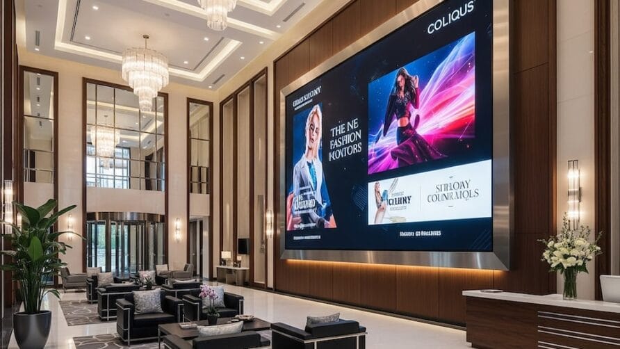 spacious hotel lobby with chandeliers, large digital screens displaying fashion and concert ads, modern seating arrangement