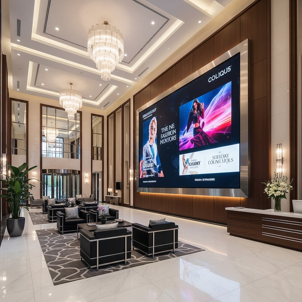 spacious hotel lobby with chandeliers, large digital screens displaying fashion and concert ads, modern seating arrangement