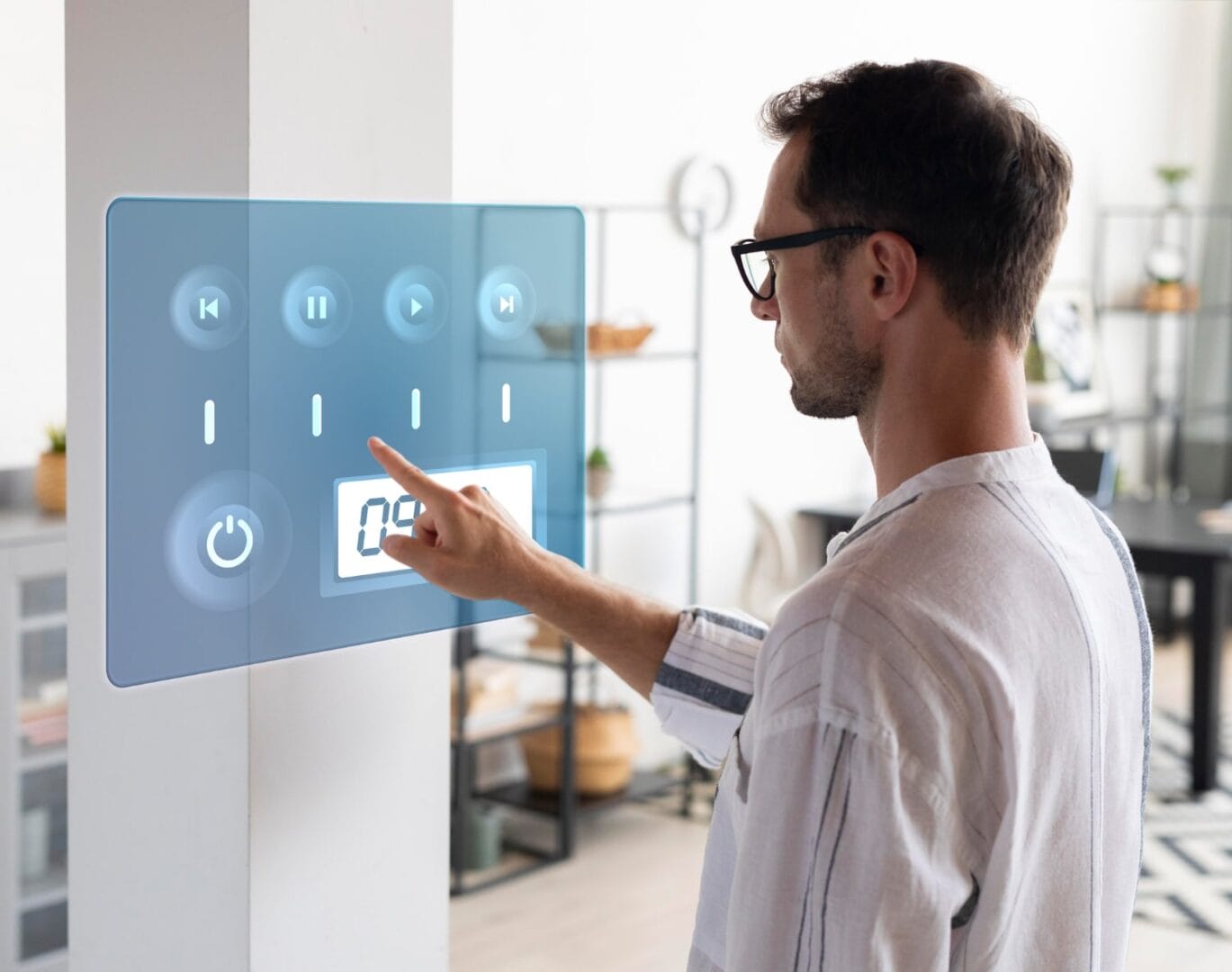 Man using futuristic touchscreen interface in modern living room.