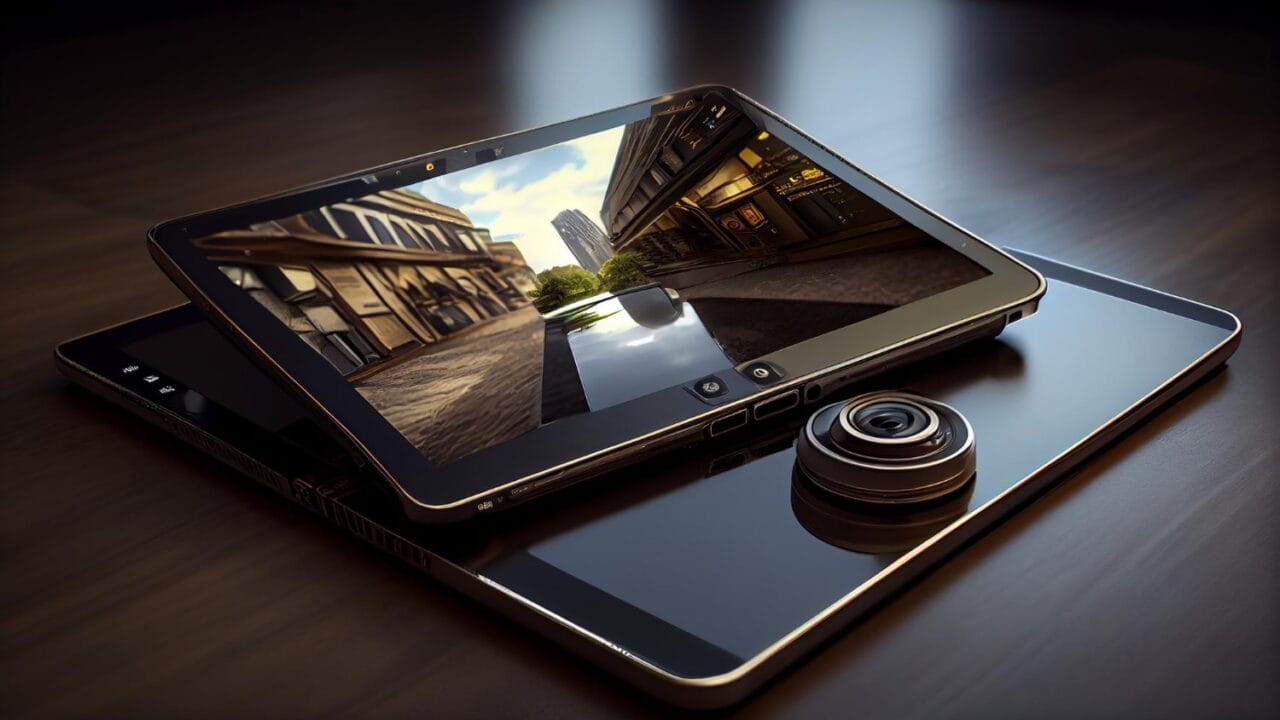 Two sleek tablets on a wooden table, one displaying a cityscape, with a detachable camera lens nearby.