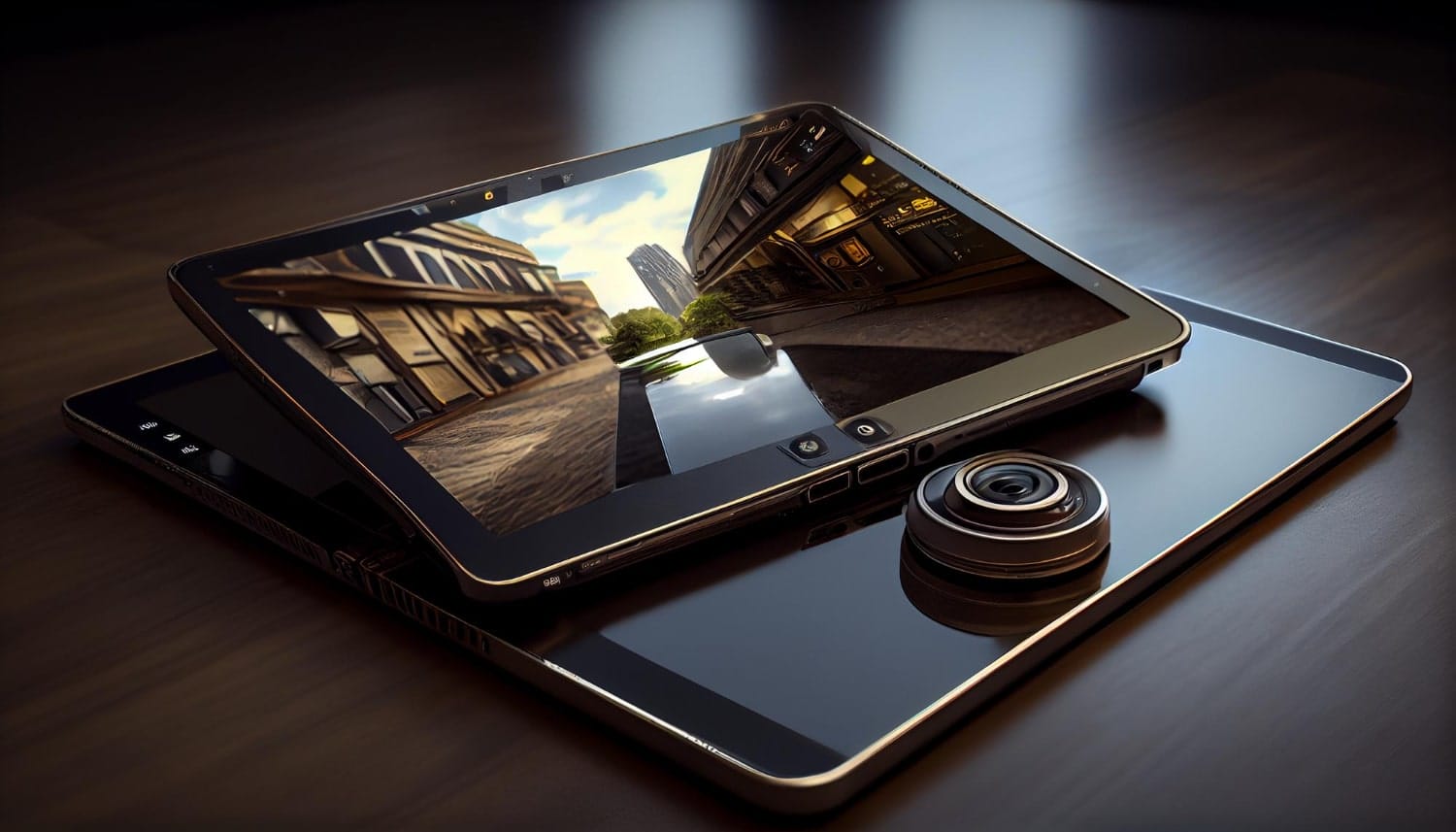 Two sleek tablets on a wooden table, one displaying a cityscape, with a detachable camera lens nearby.