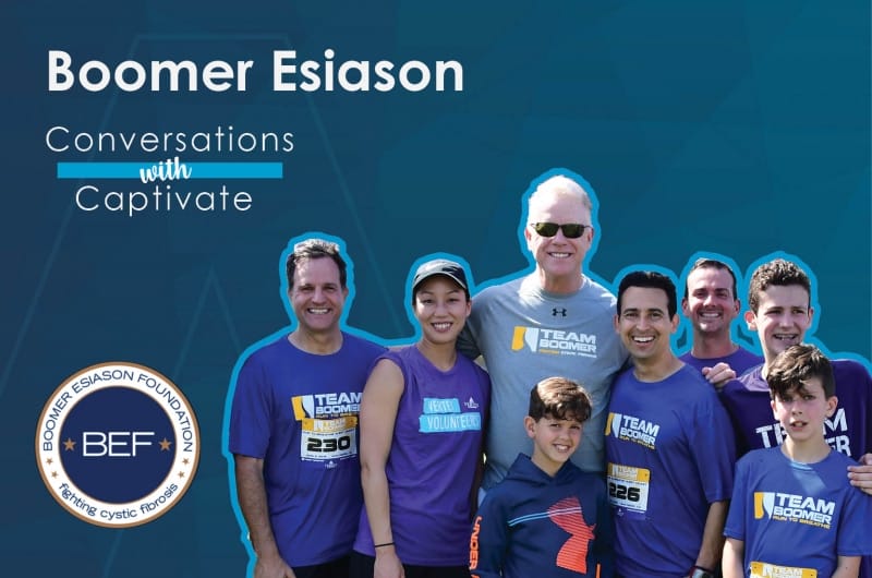 Group of people wearing Team Boomer shirts at a charity event for Boomer Esiason Foundation Fighting Cystic Fibrosis