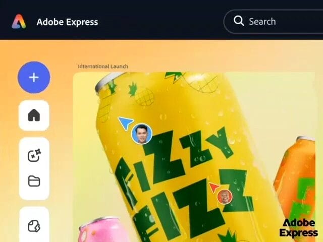 Adobe Express interface showcasing a design for Fizzy Fizz with colorful drink cans in the background.