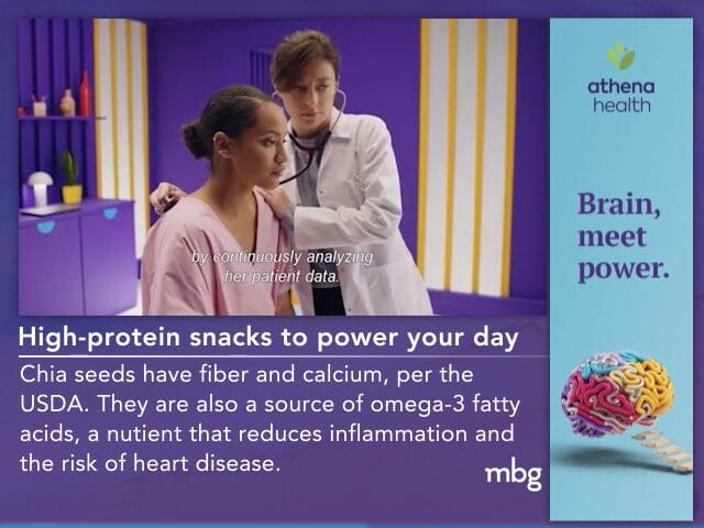 Doctor analyzing patient data; ad highlights benefits of chia seeds for fiber, calcium, omega-3s, and heart health.
