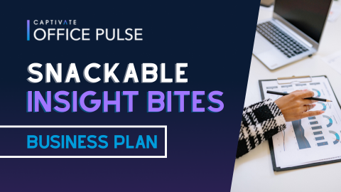 Office Pulse report titled "Snackable Insight Bites" with business plan and a hand pointing at a chart.