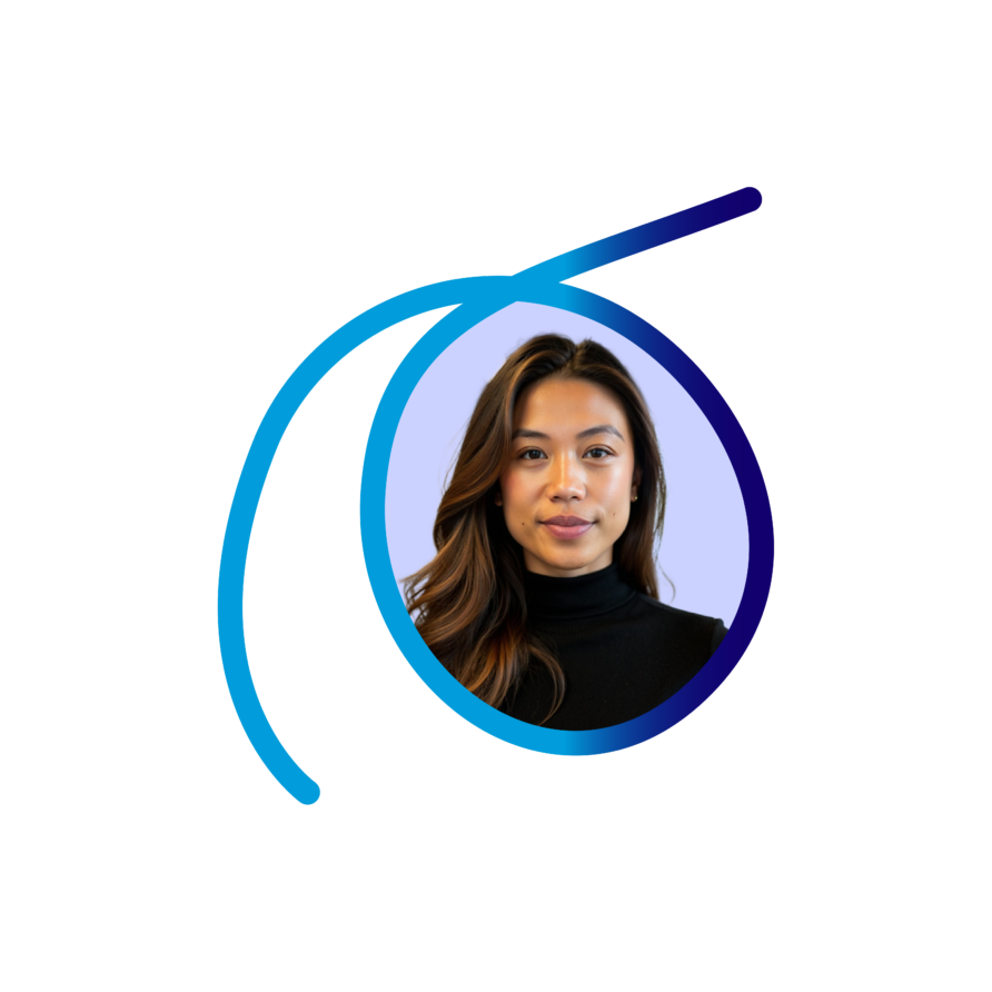 Person with long hair in a black top framed by a blue curved line against a light background.