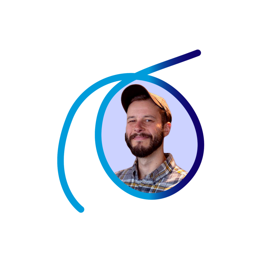 Man in a plaid shirt and cap smiling with a graphic swirl overlay.