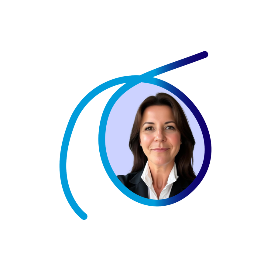 Businesswoman in formal attire with long dark hair, set against a stylized blue design on a light background.