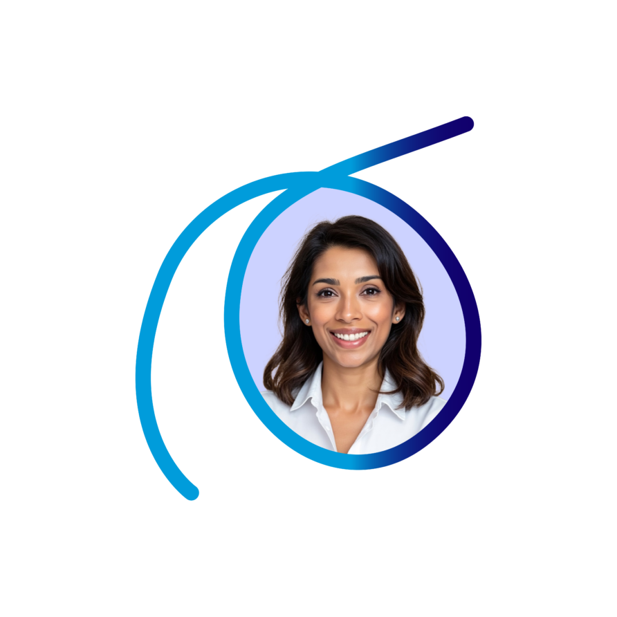 Smiling woman inside a blue and purple circle design on a black background.