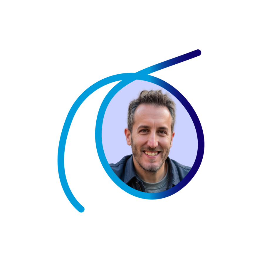 Smiling man with short hair in circular frame on black background with blue design elements.