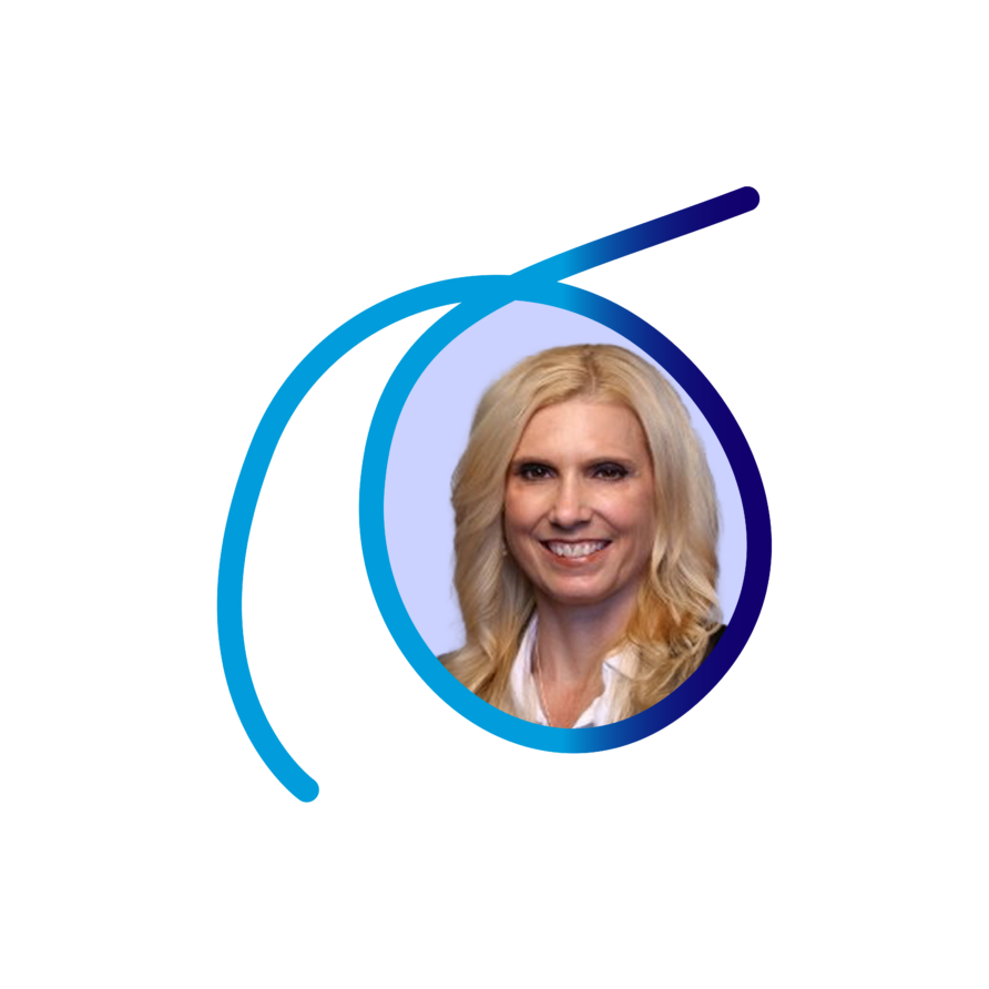 Smiling woman with long blonde hair, wearing a white shirt, framed by abstract blue design on a black background.
