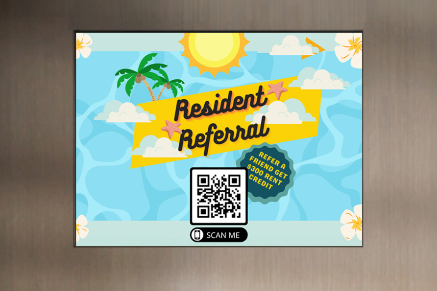 Illustrated summer-themed resident referral flyer with palm trees, sun, and a QR code offering $300 rent credit.