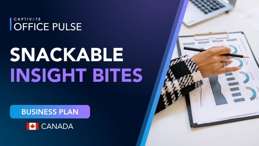 Person holding a pen, analyzing business charts on a clipboard next to a "Snackable Insight Bites" text header.