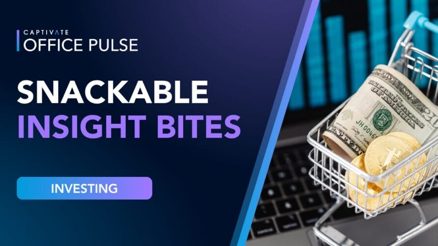 Snackable insight on investing with dollar bills and crypto coins in a shopping cart, stock chart in the background.