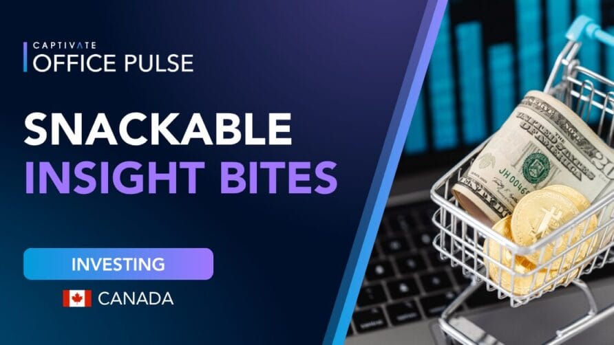 Office Pulse Insight Bites cover, investing theme with Canadian flag, shopping cart, laptop, and currency notes.
