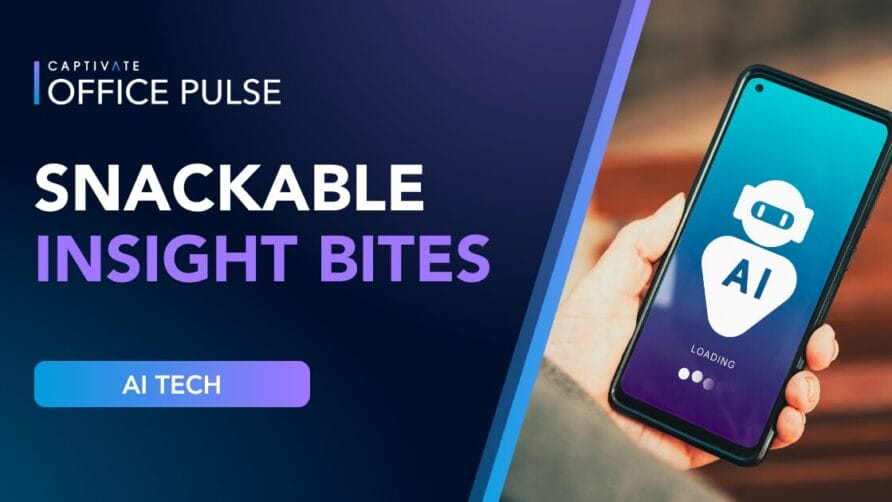 Hand holding a smartphone displaying AI loading screen with text: Snackable Insight Bites.