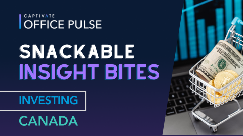 Office Pulse Snackable Insight Bites on Investing in Canada with shopping cart and money on graph background