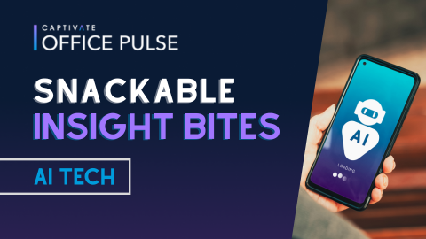 Hand holding smartphone with AI tech screen, text reads "Captivate Office Pulse, Snackable Insight Bites."