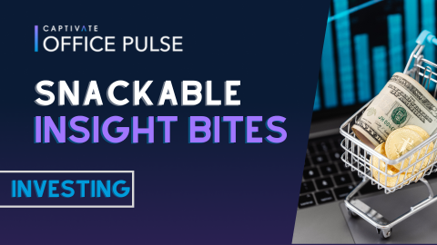 Snackable insight bites for investing with a shopping cart holding cash and coins, office pulse branding in the corner.