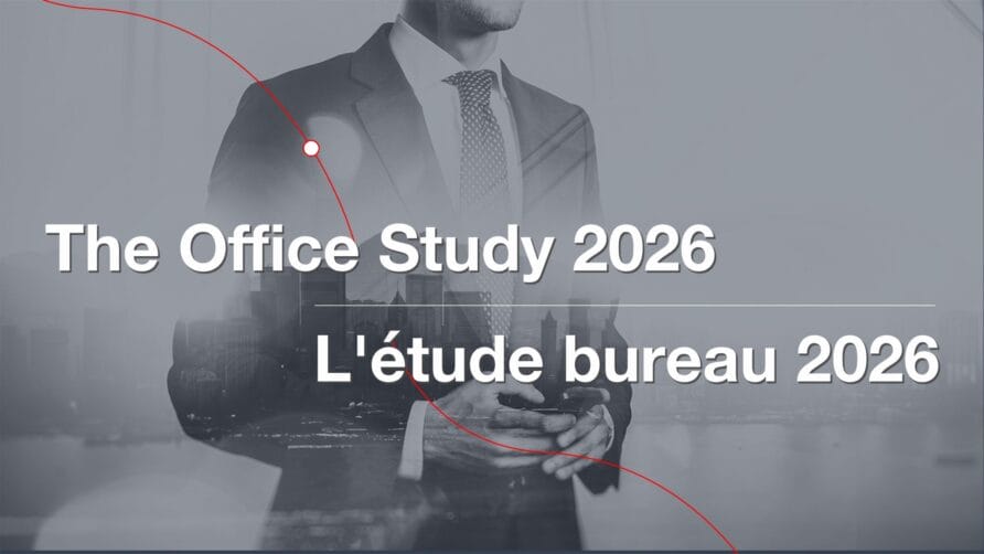 Businessman in a suit holding a phone with text overlay: "The Office Study 2026, L'étude bureau 2026"