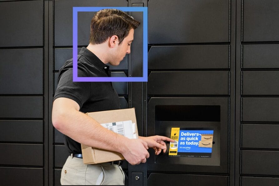 Man using parcel locker kiosk, holding a package, digital screen displaying delivery options.