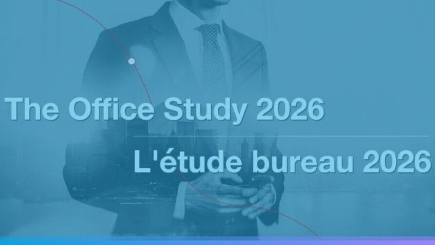 Businessman with "The Office Study 2026" and "L'étude bureau 2026" text overlay on a blue background.