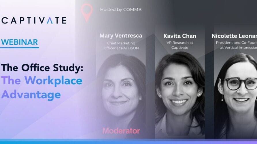 Webinar titled "The Office Study: The Workplace Advantage" featuring speakers Mary Ventresca, Kavita Chan, Nicolette Leonardis.