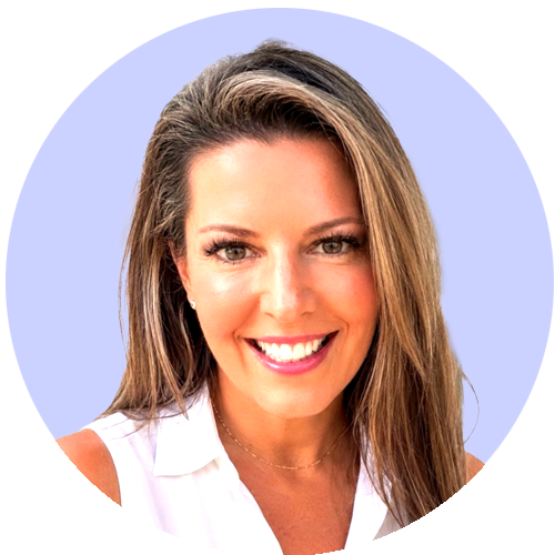 Smiling woman with long hair in a white sleeveless top on a light purple background.