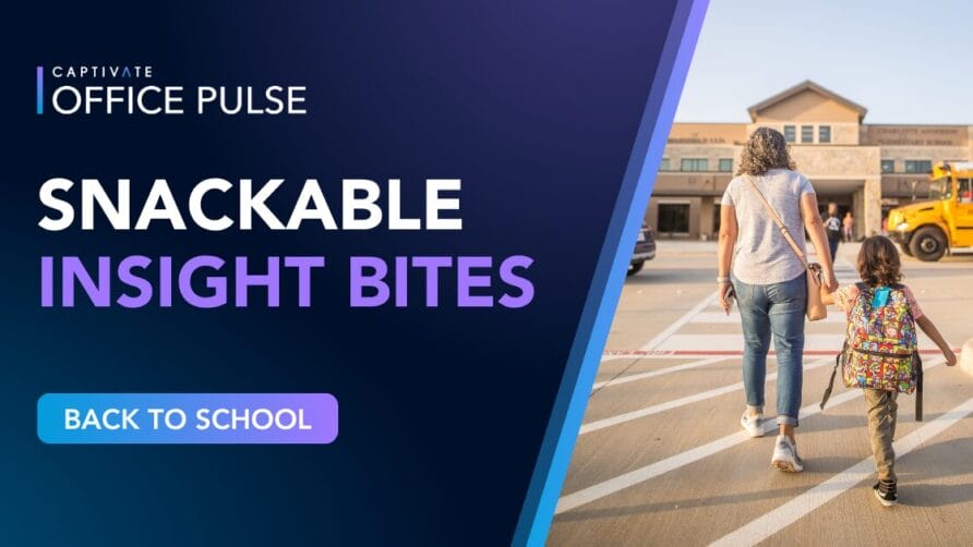 Mother and child walking towards school with backpack, text on image reads "Office Pulse Snackable Insight Bites Back to School"