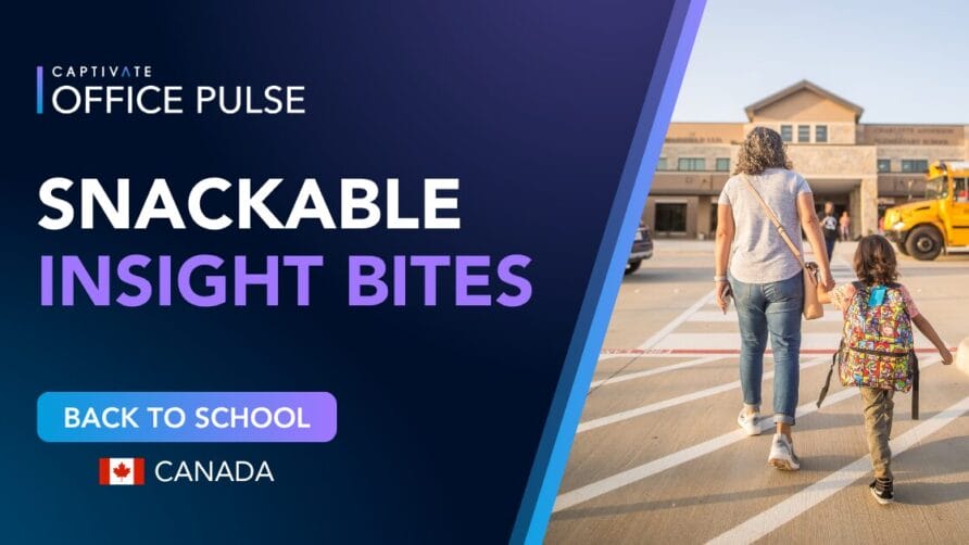 Woman and child holding hands walking towards school with backpacks, text overlay about snackable insight bites, back to school.