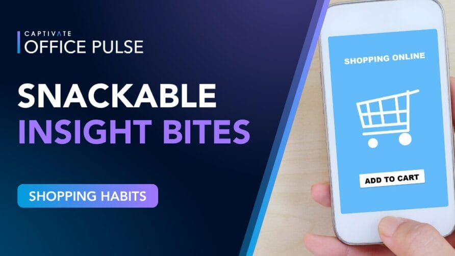 Person holding smartphone with shopping cart icon and "Add to Cart" button, text reads "Snackable Insight Bites: Shopping Habits."