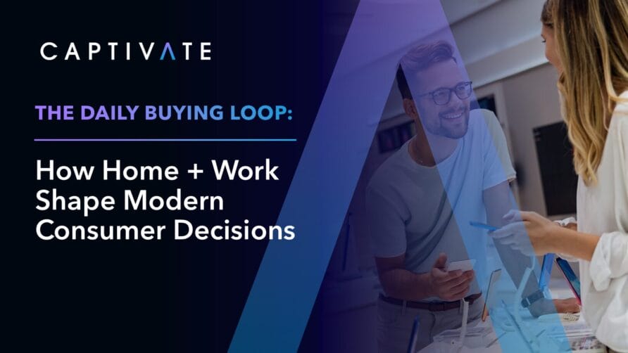 Smiling professionals discuss in an office, text: The Daily Buying Loop: How Home + Work Shape Modern Consumer Decisions.