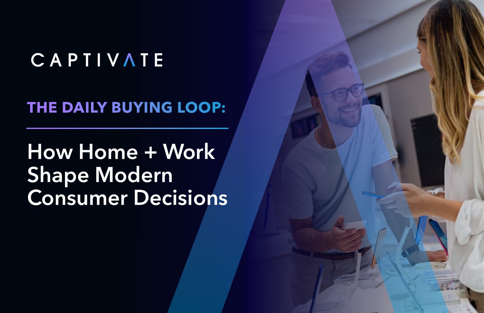 Smiling professionals discuss in an office, text: The Daily Buying Loop: How Home + Work Shape Modern Consumer Decisions.