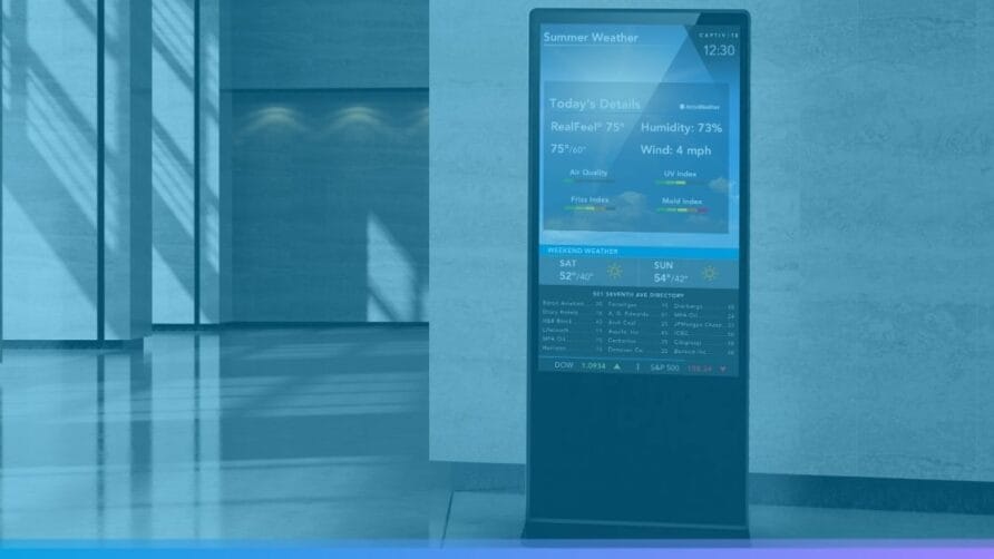 Digital weather kiosk displaying temperature, humidity, and wind speed details in a modern indoor environment.