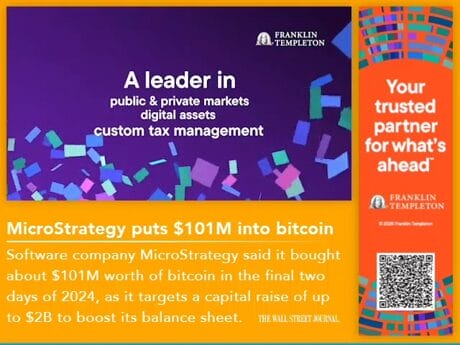 Advertisement featuring Franklin Templeton branding, text about investment strategies, and a QR code on a colorful background.