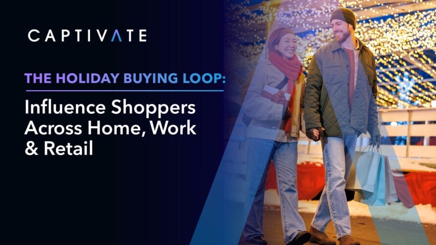 Couple shopping during holiday season with festive lights and text promoting influence on shoppers across home, work, retail.