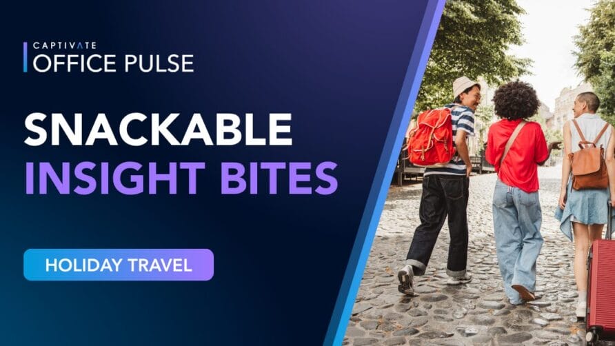 People walking with luggage on a cobblestone street, accompanied by a graphic about holiday travel insights.