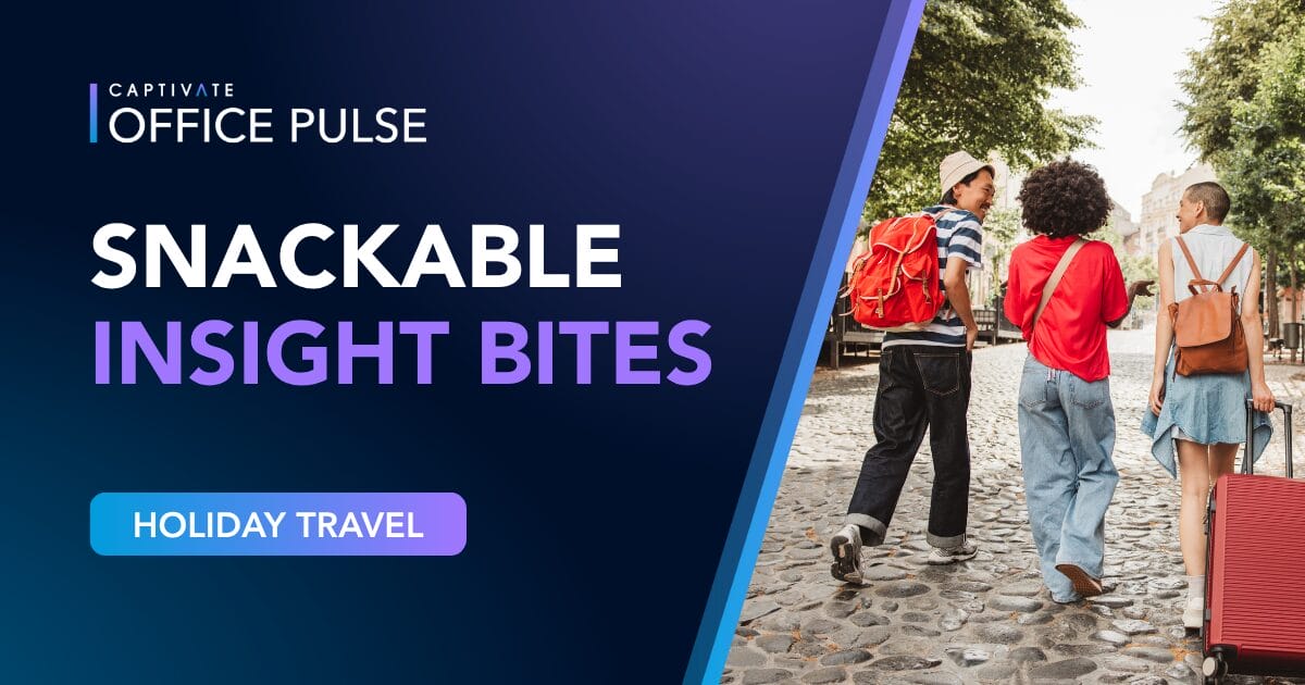 People walking with luggage on a cobblestone street, accompanied by a graphic about holiday travel insights.